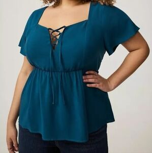 Torrid Legion Blue Babydoll Challis Short Sleeve Lace Up Top Size 1X